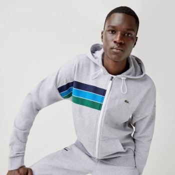 Lacoste SPORT Hooded Colorblock Fleece Zip Sweatshirt Pánské - Mikiny Šedé / Tmavě Blankyt Blankyt /